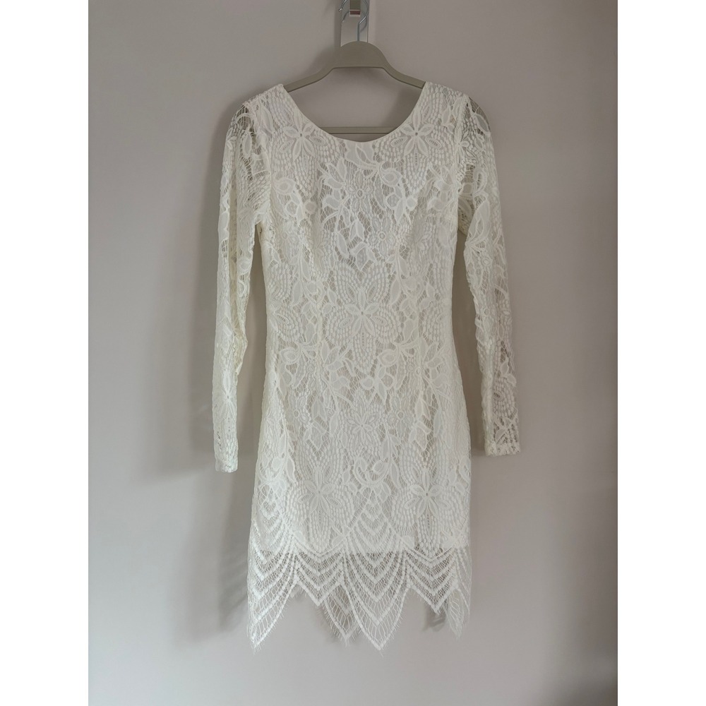 Charlotte Russe VTG White Floral Lace Long Sleeve Mini Dress Scoop Back Large